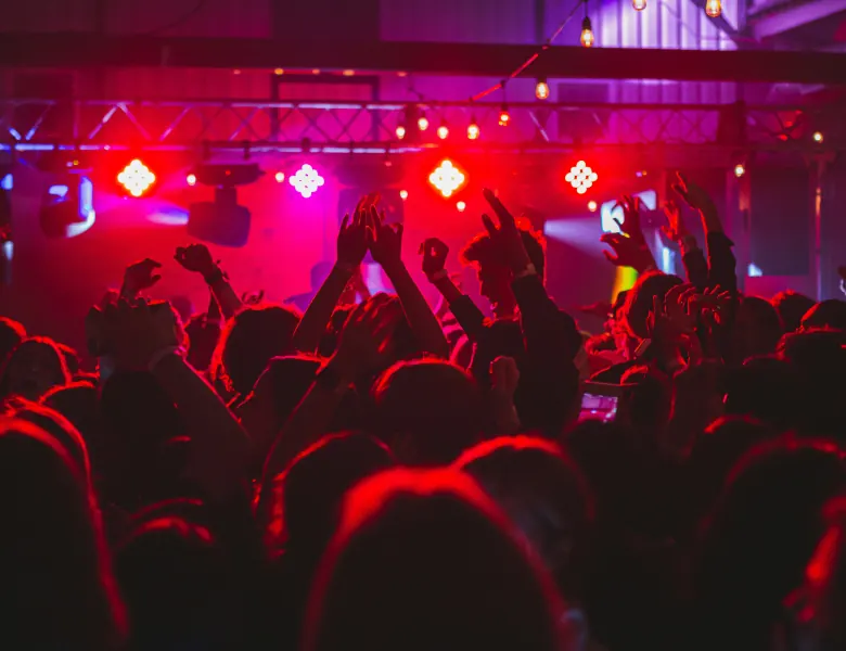 Crowd under red stage lights