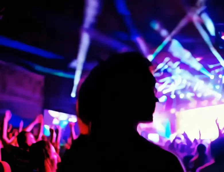 Silhouettes of a crowd facing the stage lights